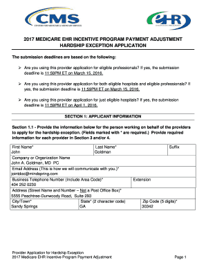 2017 Medicare EHR Incentive Program Hardship Exception Application