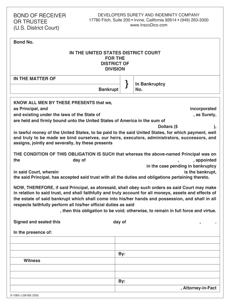 Fillable Online BOND OF RECEIVER DEVELOPERS SURETY AND INDEMNITY