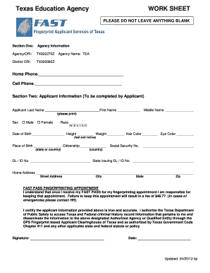 Texas Education Agency Work Sheet
