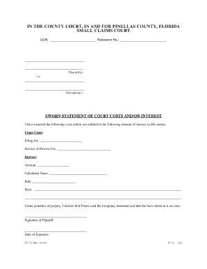 Florida Small Claims Court Costs and Interest Statement