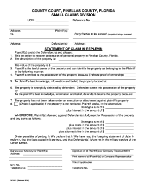 Statement of Claim in Replevin