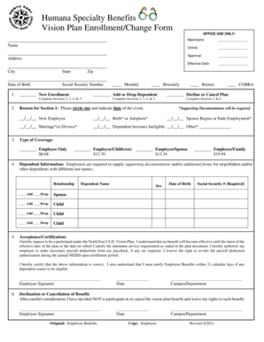 Humana Specialty Benefits Vision Plan EnrollmentChange Form - neisd