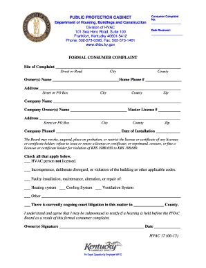 Kentucky HVAC Consumer Complaint Form