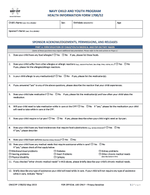 Navy Child and Youth Program Health Information Form 1700/52