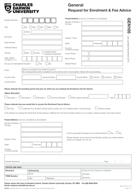 Charles Darwin University Enrolment and Fee Advice Form
