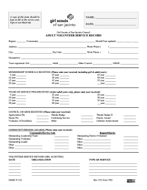 Girl Scouts Adult Volunteer Service Record