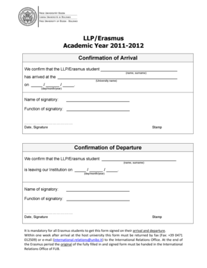 LLP/Erasmus Confirmation of Arrival and Departure