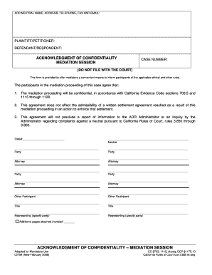 Acknowledgment of Confidentiality Mediation Session