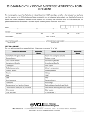 2015-2016 Monthly Income & Expense Verification Form