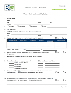 Day Care Centers & Nurseries Supplemental Application