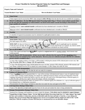 Section 8 Special Claims for Unpaid Rent and Damages