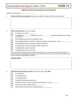 Interjurisdictional Support Orders Child Status Form