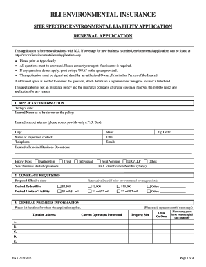 RLI Environmental Insurance Site Specific Environmental Liability Application