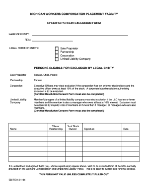 Michigan Workers Compensation Specific Person Exclusion Form