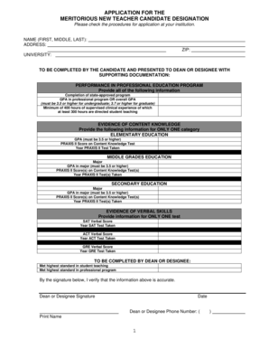 Application for Meritorious New Teacher Candidate Designation