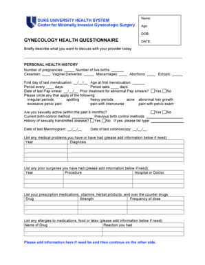 Duke University Gynecology Health Questionnaire
