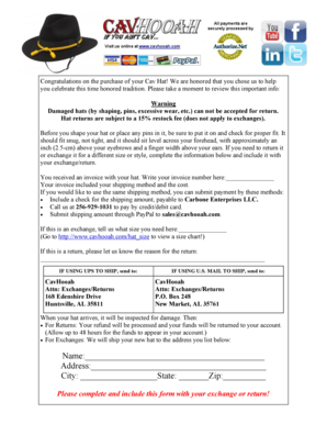 CavHooah Hat Return and Exchange Form