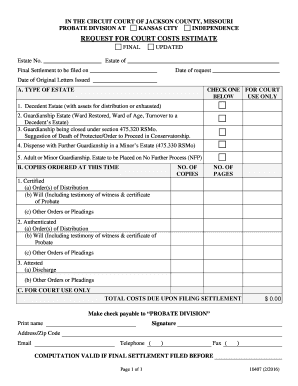 Missouri Probate Court Costs Estimate Request