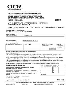 Level 3 Certificate of Professional Competence for Transport Managers (Road Haulage) Case Study
