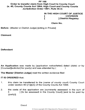 Order to Transfer Claim to County Court