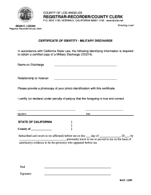 California Military Discharge Identity Certificate