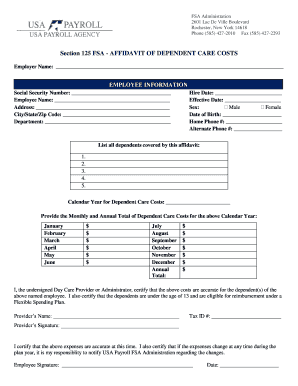 Section 125 FSA Affidavit of Dependent Care Costs