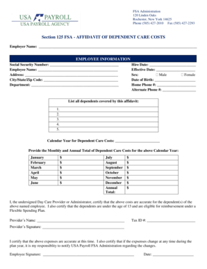 Section 125 FSA Affidavit of Dependent Care Costs