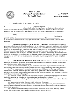 Ohio Durable Power of Attorney for Health Care