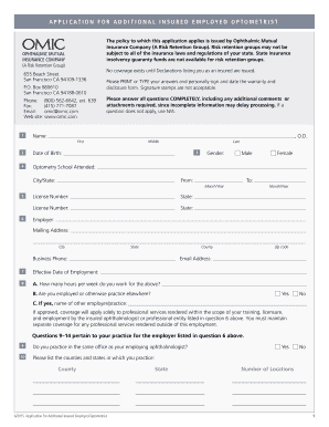 Application for Additional Insured Employed Optometrist