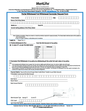 MetLife India Insurance Partial Withdrawal Form