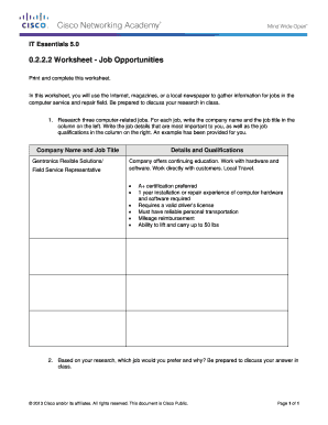 Job Opportunities Worksheet
