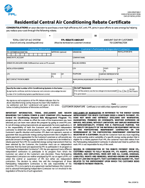 Residential Central Air Conditioning Rebate Certificate