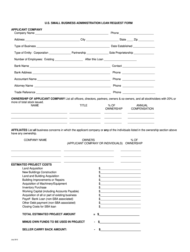 US SMALL BUSINESS ADMINISTRATION LOAN REQUEST FORM Preview on Page 1.