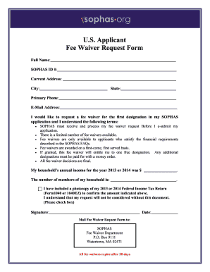 SOPHAS Applicant Fee Waiver Request Form