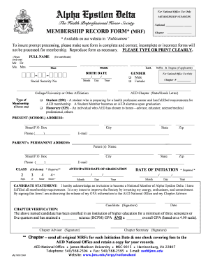 Alpha Epsilon Delta Membership Record Form