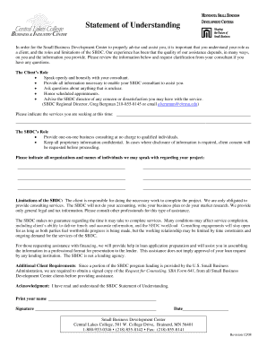 Small Business Development Center Statement of Understanding