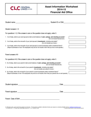 Asset Information Worksheet 201415 Financial Aid Office Student name Student ID or SS# Student answers 13 For questions 13, if the answer is zero or the question does not apply, enter 0 - clcmn