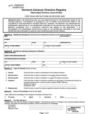 Vermont Advance Directive Provider Notification Form
