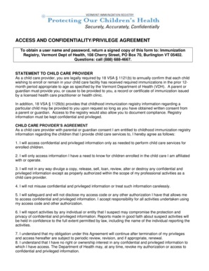 Vermont Child Care Provider Immunization Access Agreement