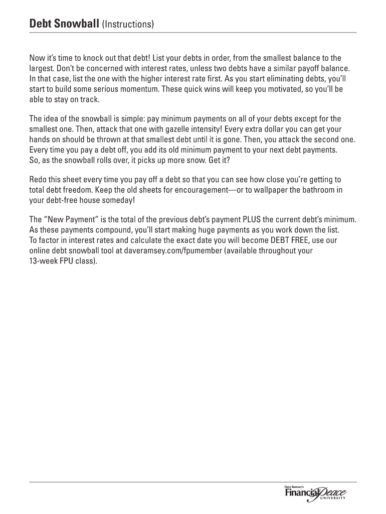 Fillable Online Debt Snowball Instructions - Dave Ramsey Fax Email ...