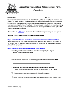 Appeal for Financial Aid Reinstatement Form