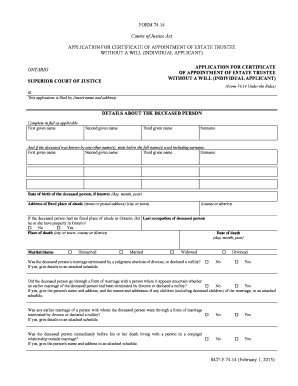 Application for Certificate of Appointment of Estate Trustee Without a Will