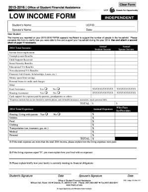 UCF Low Income Independent Student Form