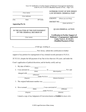 Form 10: Certification in Further Support of Petitioner’s Expungement Application