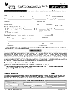 Short Term Advance for Books Application and Promissory Note