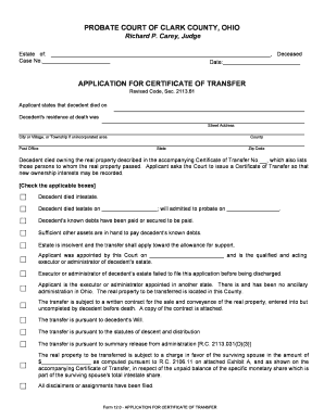 Ohio Application for Certificate of Transfer