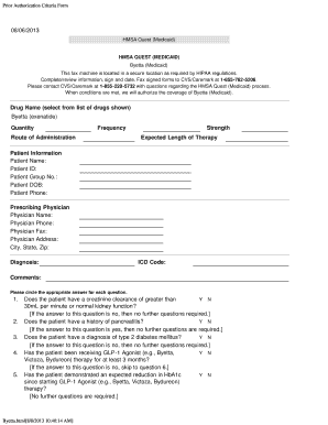 Prior Authorization Criteria Form for Byetta