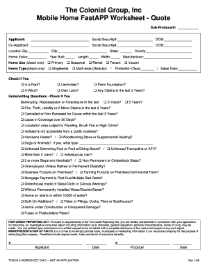 Mobile Home FastAPP Quote Worksheet