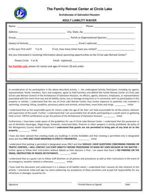 Adult Liability Waiver for Circle Lake Retreat Center