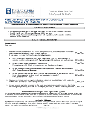 Vermont Premises Environmental Coverage Supplemental Application
